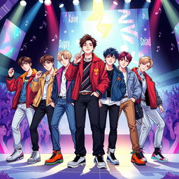 A dynamic illustration of a K-pop group inspired by BTS, featuring seven stylish young men with diverse hairstyles, colorful outfits, and confident poses, performing on stage with vibrant lights and energetic fans in the background