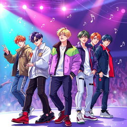 A dynamic illustration of a K-pop group inspired by BTS, featuring seven stylish young men with diverse hairstyles, colorful outfits, and confident poses, performing on stage with vibrant lights and energetic fans in the background