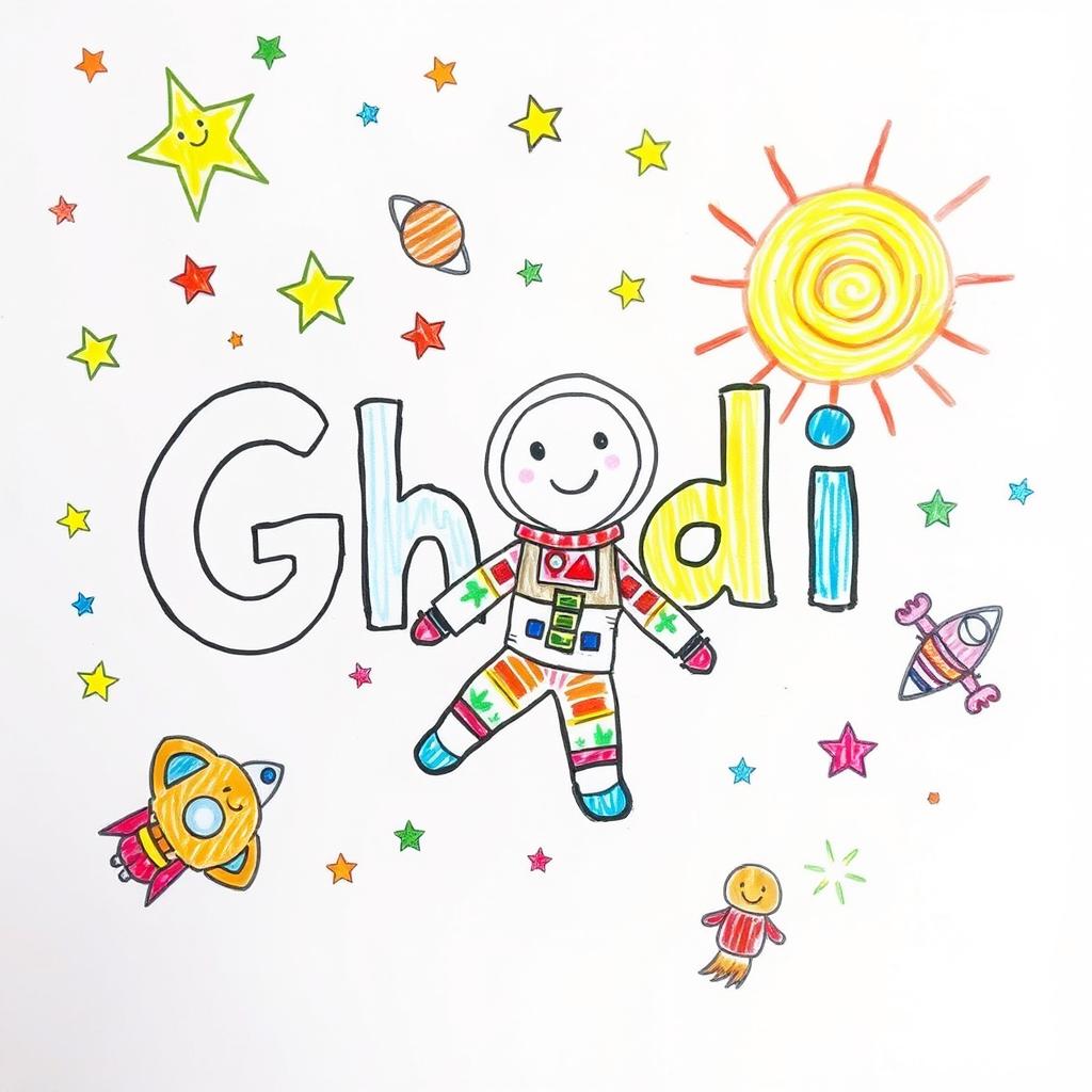 A whimsical drawing created by an 8-year-old child featuring the name 'Ghadi' prominently displayed, adorned with colorful stars, planets, and spaceships