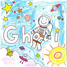 A whimsical drawing created by an 8-year-old child featuring the name 'Ghadi' prominently displayed, adorned with colorful stars, planets, and spaceships