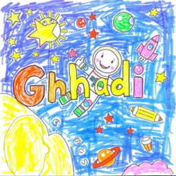 A whimsical drawing created by an 8-year-old child featuring the name 'Ghadi' prominently displayed, adorned with colorful stars, planets, and spaceships