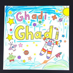 A whimsical drawing created by an 8-year-old child featuring the name 'Ghadi' prominently displayed, adorned with colorful stars, planets, and spaceships