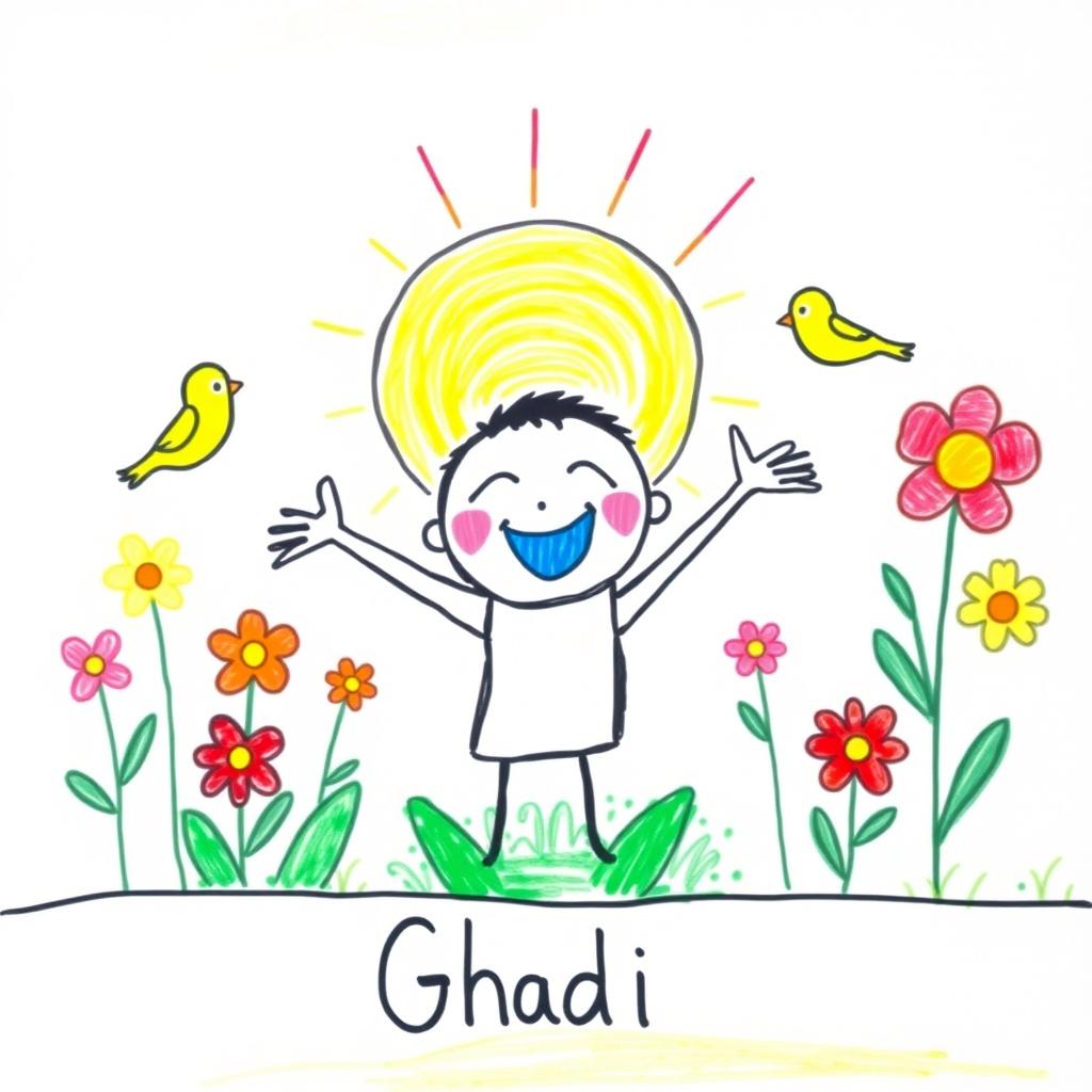 A colorful and cheerful drawing created by a 7-year-old child, depicting the concept of 'Ghadi', which means early riser