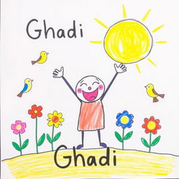 A colorful and cheerful drawing created by a 7-year-old child, depicting the concept of 'Ghadi', which means early riser