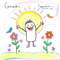 A colorful and cheerful drawing created by a 7-year-old child, depicting the concept of 'Ghadi', which means early riser