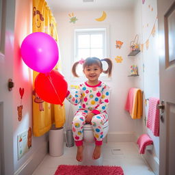A young girl sitting on a toilet in a bright, colorful bathroom