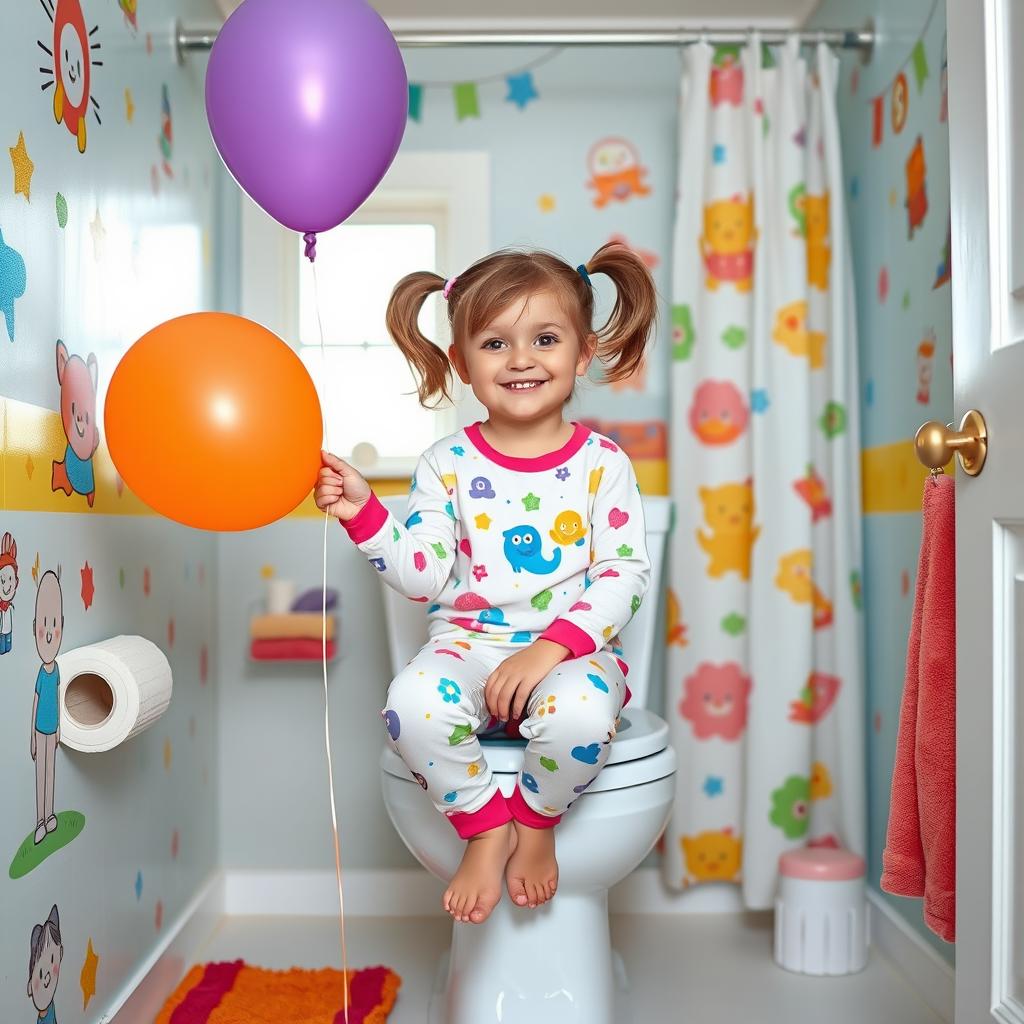 A young girl sitting on a toilet in a bright, colorful bathroom