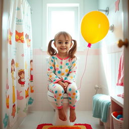 A young girl sitting on a toilet in a bright, colorful bathroom