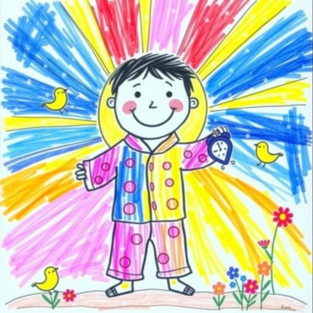 A colorful drawing created by a 7-year-old child depicting a character named 'Ghadi,' who represents an early riser