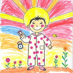 A colorful drawing created by a 7-year-old child depicting a character named 'Ghadi,' who represents an early riser