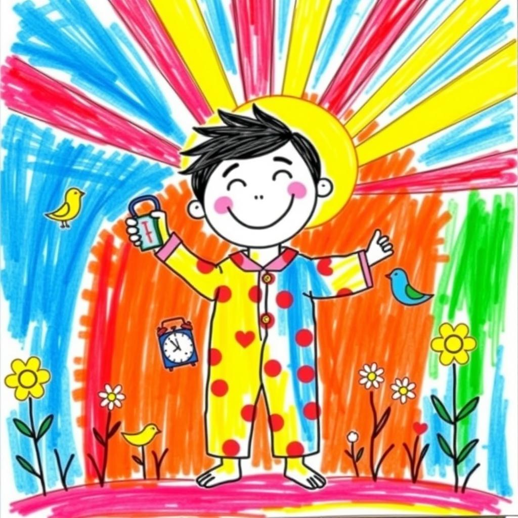 A colorful drawing created by a 7-year-old child depicting a character named 'Ghadi,' who represents an early riser