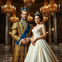 A majestic royal couple standing confidently in an opulent hall, adorned in intricate, luxurious garments