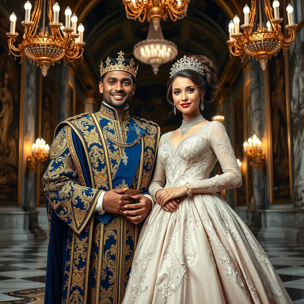 A majestic royal couple standing confidently in an opulent hall, adorned in intricate, luxurious garments