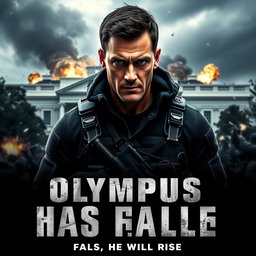 A movie poster for 'Olympus Has Fallen' featuring a heroic character replacing Gerard Butler's face