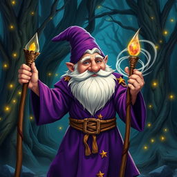 A dwarf magician, characterized by a short and stout physique, with a long, bushy white beard and wearing a vibrant purple robe adorned with gold star patterns