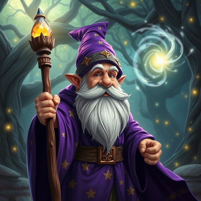 A dwarf magician, characterized by a short and stout physique, with a long, bushy white beard and wearing a vibrant purple robe adorned with gold star patterns