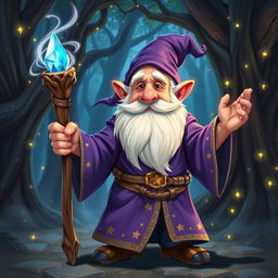 A dwarf magician, characterized by a short and stout physique, with a long, bushy white beard and wearing a vibrant purple robe adorned with gold star patterns