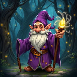 A dwarf magician, characterized by a short and stout physique, with a long, bushy white beard and wearing a vibrant purple robe adorned with gold star patterns