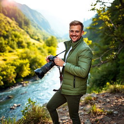 A handsome man wearing a stylish green jacket and matching shoes, posing confidently in a scenic river valley during a photo shoot