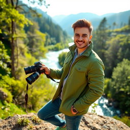 A handsome man wearing a stylish green jacket and matching shoes, posing confidently in a scenic river valley during a photo shoot