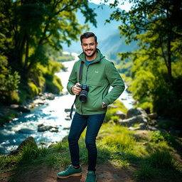 A handsome man wearing a stylish green jacket and matching shoes, posing confidently in a scenic river valley during a photo shoot