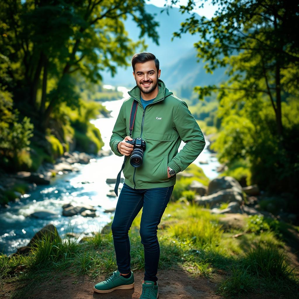 A handsome man wearing a stylish green jacket and matching shoes, posing confidently in a scenic river valley during a photo shoot