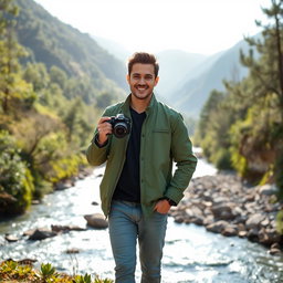 A handsome man wearing a stylish green jacket and matching shoes, posing confidently in a scenic river valley during a photo shoot