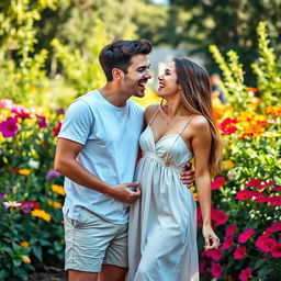 A young man passionately licking the legs of a young woman in a playful and flirtatious manner