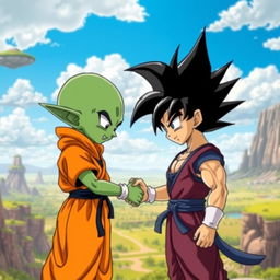 Two alien characters from the Dragon Ball Z universe, one resembling a Namekian with green skin and large ears, and the other resembling a Saiyan with spiky black hair and a muscular build, standing in a vibrant, dynamic pose as they shake hands
