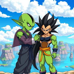 Two alien characters from the Dragon Ball Z universe, one resembling a Namekian with green skin and large ears, and the other resembling a Saiyan with spiky black hair and a muscular build, standing in a vibrant, dynamic pose as they shake hands