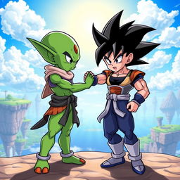 Two alien characters from the Dragon Ball Z universe, one resembling a Namekian with green skin and large ears, and the other resembling a Saiyan with spiky black hair and a muscular build, standing in a vibrant, dynamic pose as they shake hands