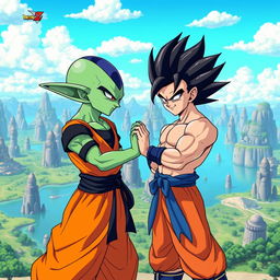 Two alien characters from the Dragon Ball Z universe, one resembling a Namekian with green skin and large ears, and the other resembling a Saiyan with spiky black hair and a muscular build, standing in a vibrant, dynamic pose as they shake hands