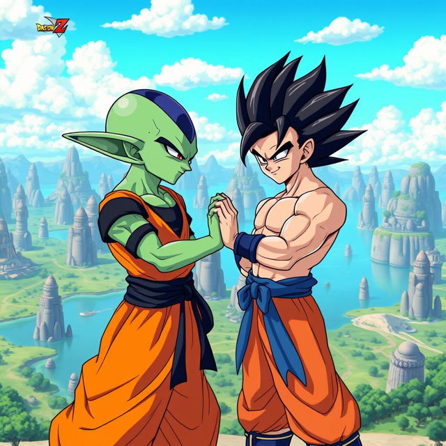 Two alien characters from the Dragon Ball Z universe, one resembling a Namekian with green skin and large ears, and the other resembling a Saiyan with spiky black hair and a muscular build, standing in a vibrant, dynamic pose as they shake hands