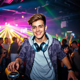 A young DJ, around 25 years old, dressed in a stylish and trendy outfit suitable for a nightclub environment