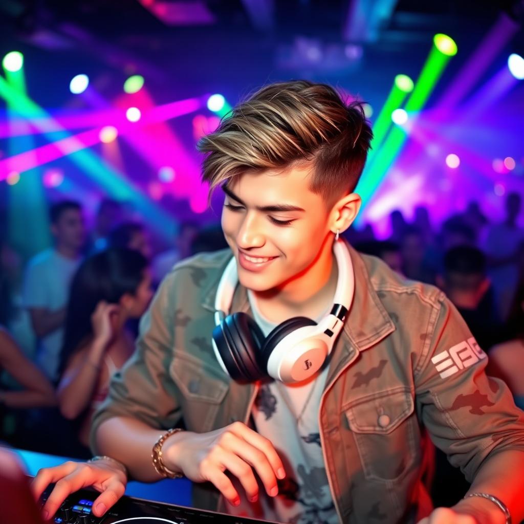 A young DJ, around 25 years old, dressed in a stylish and trendy outfit suitable for a nightclub environment