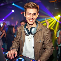 A young DJ, around 25 years old, dressed in a stylish and trendy outfit suitable for a nightclub environment