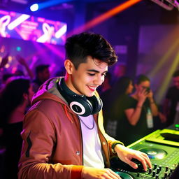 A young DJ, around 25 years old, dressed in a stylish and trendy outfit suitable for a nightclub environment