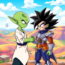 Two alien characters from the Dragon Ball Z universe, one resembling a Namekian with green skin and large ears, wearing a simple yet elegant tunic, and the other resembling a Saiyan with spiky black hair, wearing a battle suit and armor, standing in a friendly gesture as they shake hands