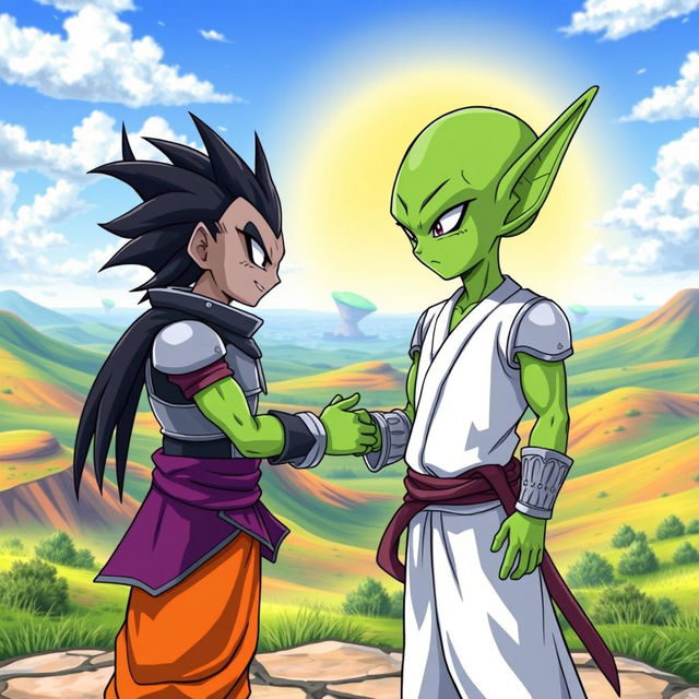 Two alien characters from the Dragon Ball Z universe, one resembling a Namekian with green skin and large ears, wearing a simple yet elegant tunic, and the other resembling a Saiyan with spiky black hair, wearing a battle suit and armor, standing in a friendly gesture as they shake hands