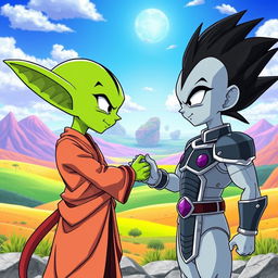 Two alien characters from the Dragon Ball Z universe, one resembling a Namekian with green skin and large ears, wearing a simple yet elegant tunic, and the other resembling a Saiyan with spiky black hair, wearing a battle suit and armor, standing in a friendly gesture as they shake hands