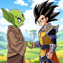 Two alien characters from the Dragon Ball Z universe shaking hands in a moment of friendship