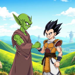 Two alien characters from the Dragon Ball Z universe shaking hands in a moment of friendship
