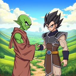 Two alien characters from the Dragon Ball Z universe shaking hands in a moment of friendship