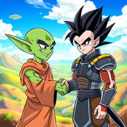Two alien characters from the Dragon Ball Z universe shaking hands in a moment of friendship