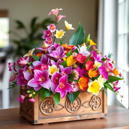 A beautifully arranged unique flower box featuring an assortment of colorful, exotic flowers