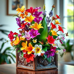 A beautifully arranged unique flower box featuring an assortment of colorful, exotic flowers