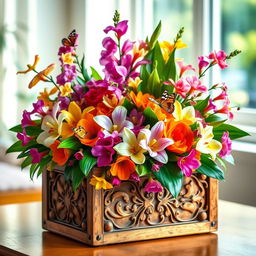 A beautifully arranged unique flower box featuring an assortment of colorful, exotic flowers