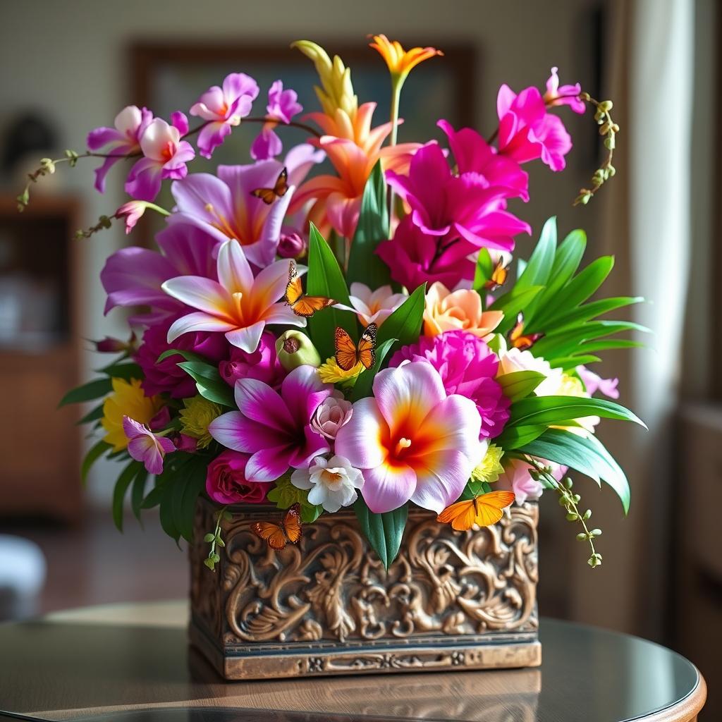 A beautifully arranged unique flower box featuring an assortment of colorful, exotic flowers