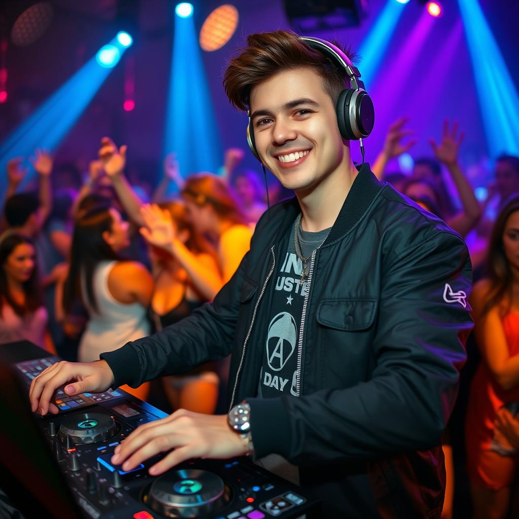 A young DJ, around 25 years old, dressed in a fashionable and character-appropriate outfit for a vibrant party atmosphere