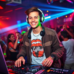 A young DJ, around 25 years old, dressed in a fashionable and character-appropriate outfit for a vibrant party atmosphere